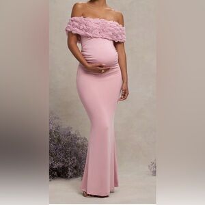 Blush Pink Mesh Floral Bardot Maternity Maxi Dress